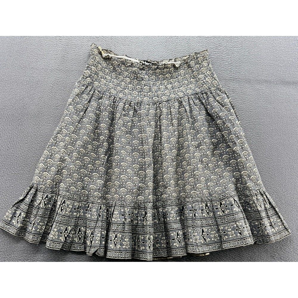 Planet Gold Smocked Waist Skirt Sz M Gray Floral Print Tiered Ruffle Midi